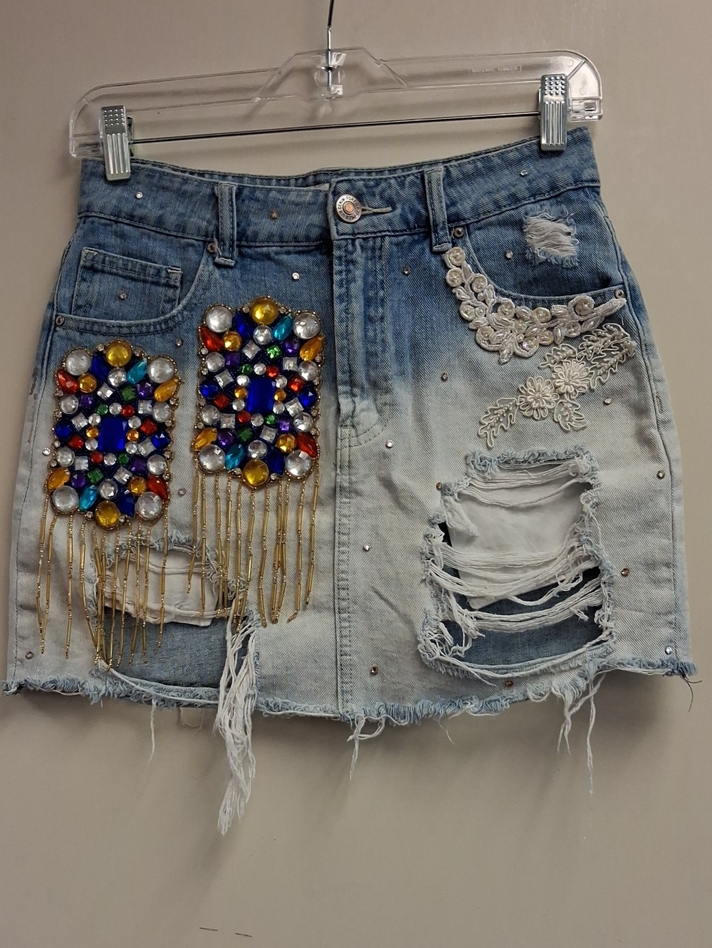 Michelle G Design Studio Upcycled Jeweled Denim Mini Skirt OOAK Size Small/25
